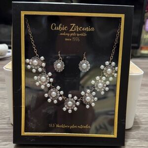 Cubic Zirconia & Pearls Necklace & Earrings Jewelry Set